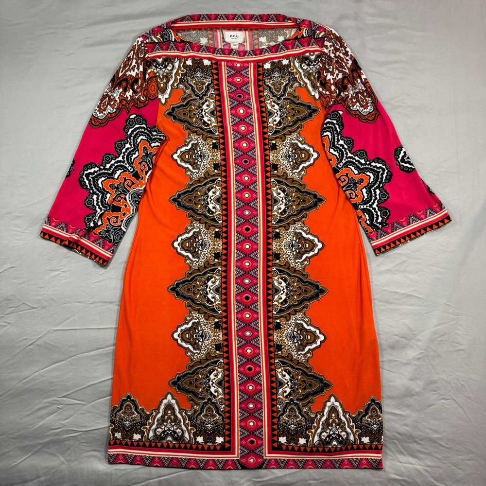 ECI New York Orange Paisley Geometric Print Shift Dress Boho Retro Aztec Med